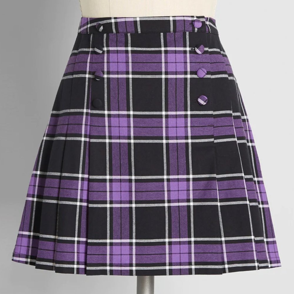 Purple Plaid Pleated Skirt